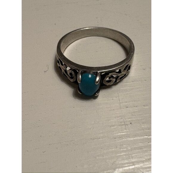 Genuine Turquoise Sterling Silver Ring (W.H. 925) – Filigree Scroll Band – Size - Picture 7 of 12